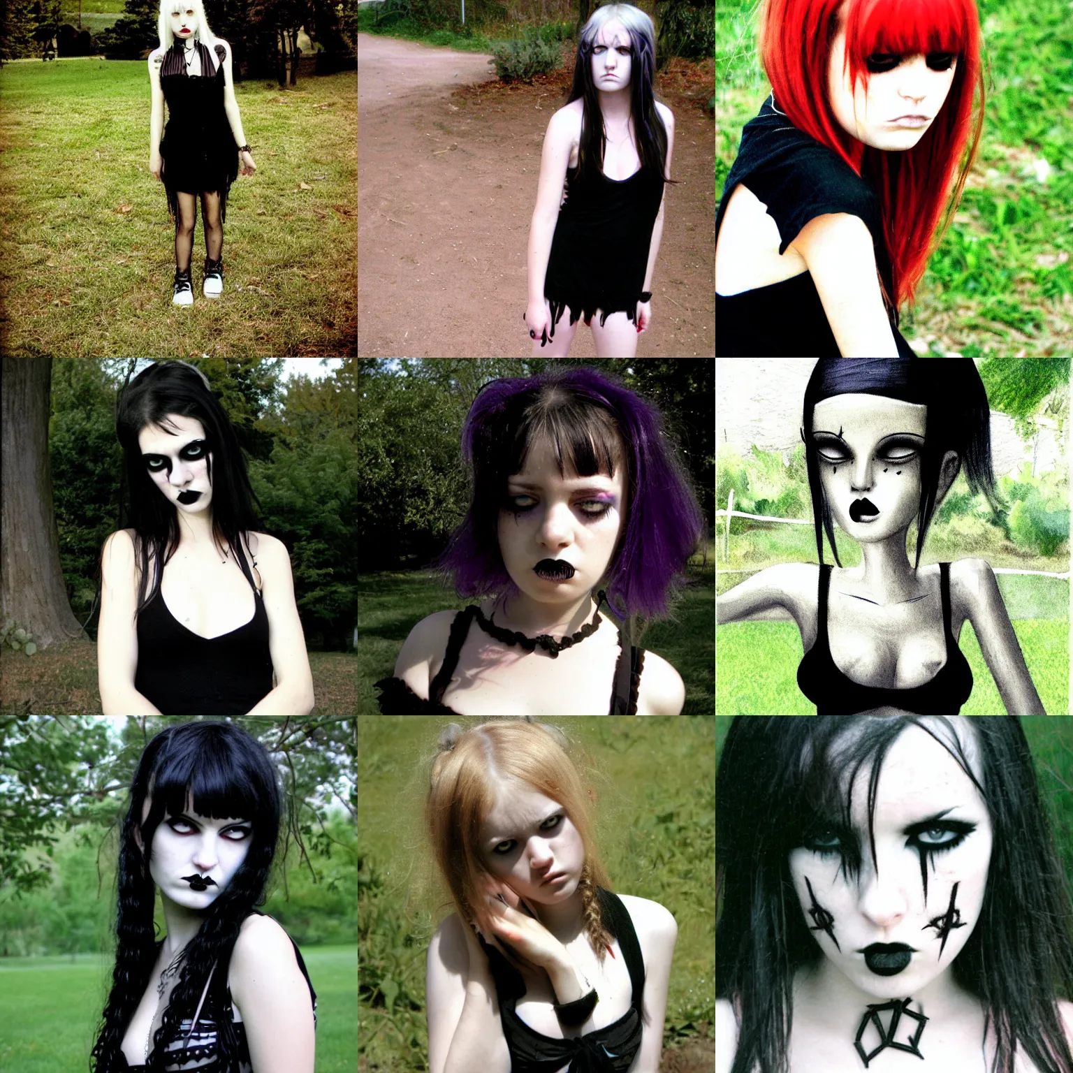 Prompt: goth girl on a summer day looking annoyed, 2006