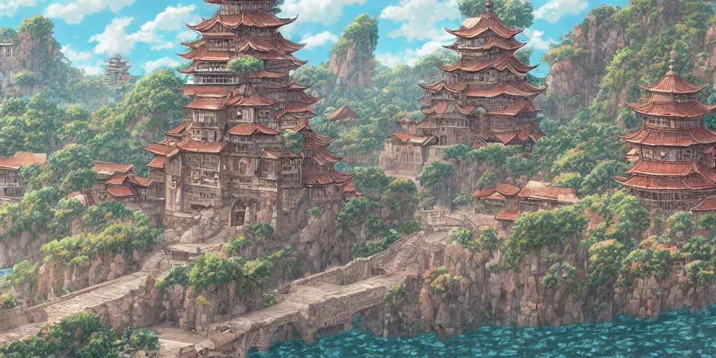 Image similar to Ghibli, Anime Background, Miyazaki Hayao, ancient architecture, China, concept art, illustration,smooth, sharp focus, intricate, super wide angle, trending on artstation, trending on deviantart, 4K