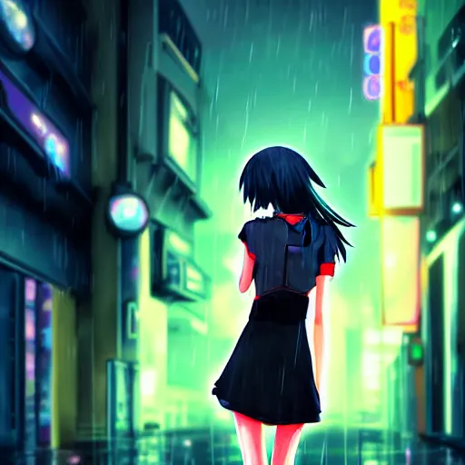 Image similar to digital art , anime girl walking into the streets of a cyberpunk city at night, rain, mist