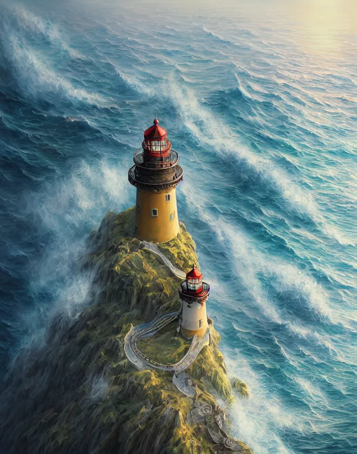 Image similar to fantasy painting of a lighthouse on the edge of a cliff overseeing a vast ocean, complex, detailed, intricate abstract. delicate artwork. by Tooth Wu, wlop, beeple, dan mumford. octane render, trending on artstation, greg rutkowski very coherent symmetrical artwork. cinematic, hyper realism, high detail, octane render, 8k, depth of field, bokeh. chrome accents.