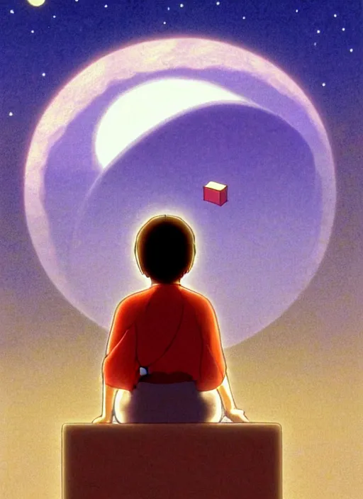 Image similar to a realistic cell - shaded studio ghibli concept art from paprika ( 2 0 0 6 ) of a floating cube from close encounters of the third kind ( 1 9 7 7 ) and a monk meditating on a misty starry night. very dull colors, hd, 4 k, hq