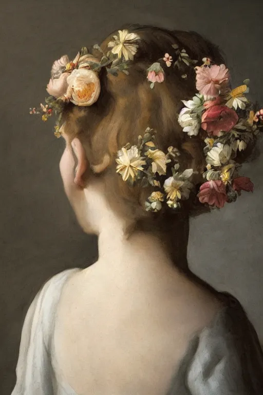 Prompt: close-up of woman in empty room with flowers in her head, back view, in style of classicism