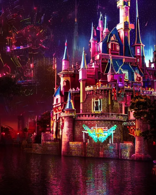 Prompt: Hyper realistic photo of a cyberpunk Disneyland castle at night, fireworks in the sky