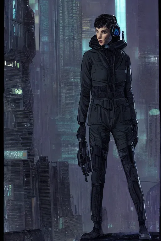 Image similar to selina. blackops spy in near future tactical gear, stealth suit, and cyberpunk headset. Blade Runner 2049. concept art by James Gurney and Mœbius.