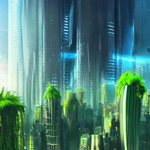Prompt: Futuristic city, cityscape, future, green plants, plants growing, skyscrapers, digital art, trending on artstation