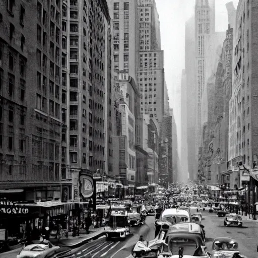 Image similar to Photo of New York City in the year 1950, black and white, photorealistic,