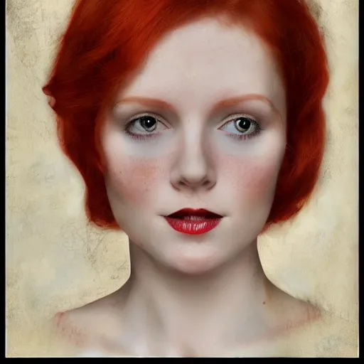 Image similar to portrait of a redhead woman by witkacy, mixed technique