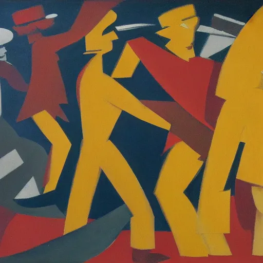 Image similar to oil on masonite painting by aaron douglas of men fighting in a cafeteria