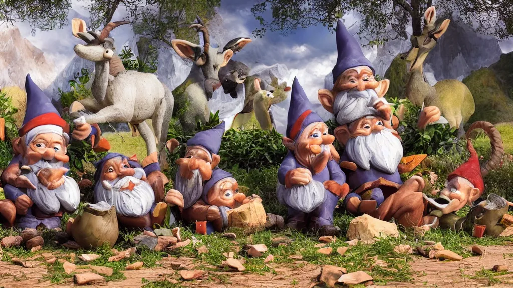 Image similar to a pack of gnomes feasting on a gazelle
