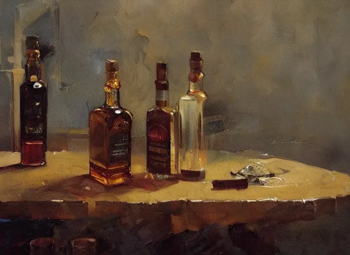 Prompt: impasto oil painting of whiskey bottle, art by anders zorn, wonderful masterpiece by greg rutkowski, beautiful cinematic light, american romanticism by greg manchess, creation by tyler edlin