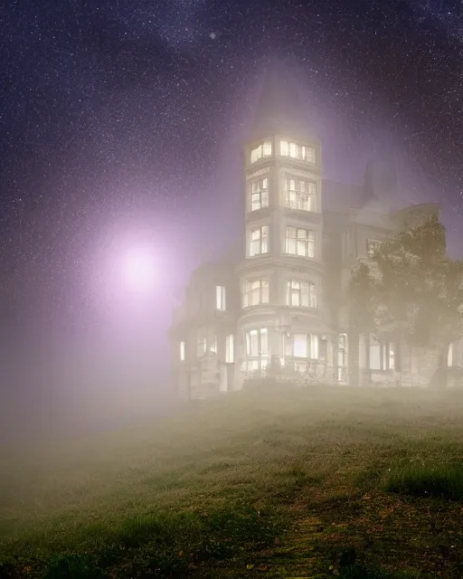 Prompt: a wide angle low photo of a colossal ghostly victorian mansion on the edge of a cliff above a misty forest at night, volumetric light, epic proportions, ultradetailed, 8 k