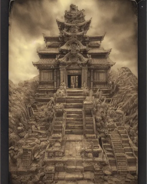 Prompt: Haunting horrifying detailed polaroid of an ancient temple that calls out to the viewer, beckoning them in to their deaths, hyper detailed, trending on Artstation