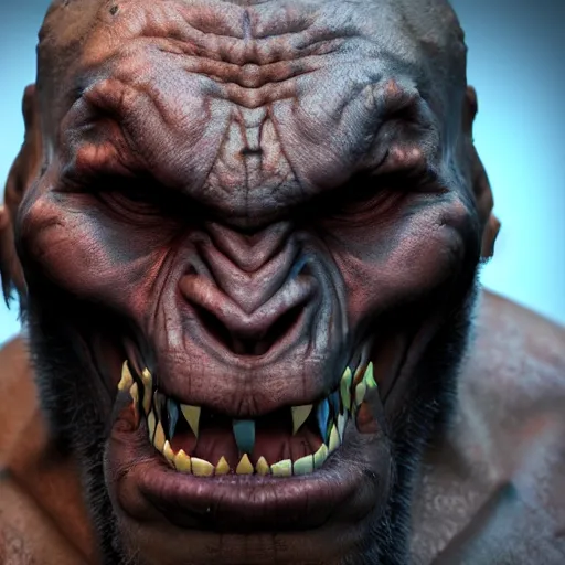 Prompt: An vicious orc portrait, highly detailed, photorealism, zbrush sculpt, substance painter, texturing XYZ, Subsurface scattering, cinematic lighting, Unreal engine 5, octane render, cinema4d, vray, redshift, keyshot, Arnold render