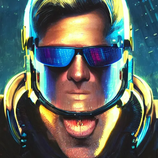 Image similar to a portrait of cyberpunk Duke Nukem wearing reflective surface mirror surface shades mirrorshades, Night City, cyberpunk 2077, neon megacity in the background, angry and bored, illustration, soft lighting, soft details, painting oil on canvas by mark arian by artgerm, trending on artstation, 4k, 8k, HD