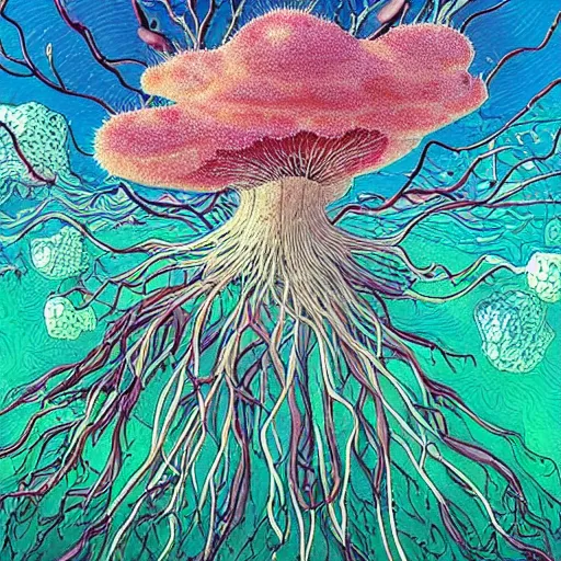 Image similar to beautiful and artistic mycelium on a fantastic planet and unusual inhabitants of the oceans, highly detailed