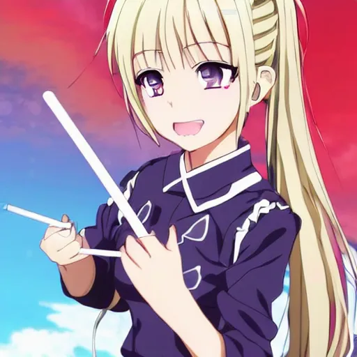 Image similar to key anime visual of a tsundere with blonde hair and twintails; has a lolipop in mouth; trending on Pixiv; official media