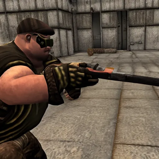 Image similar to a screenshot of a pudge inside a counter strike game, the pudge is holding a hook, the pudge is aiming at ogre magi