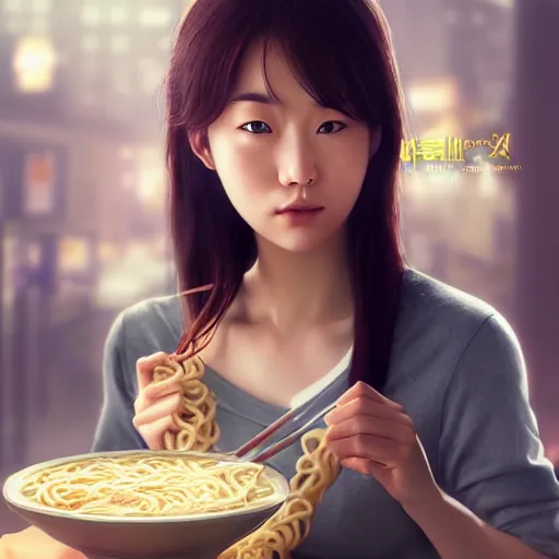 Image similar to a korean bodybuilder college student, eating ramen, bokeh, beautiful face!!!!, 2 3 years old, cg animation, lifelike, animated, realistic, character select portrait, by artgerm, greg rutkowski, alphonse mucha, 3 d