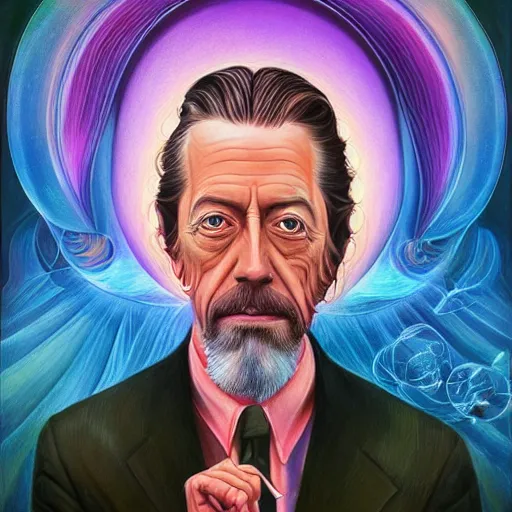 Prompt: Anna Dittmann painting of Alan watts, trending on art station, drawn by alex grey