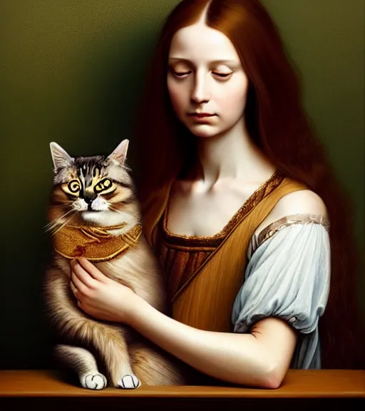 Image similar to portrait of a long - haired woman with her cat sitting upon a table with heightened detail, poised, intense emotion, detailed facial expression, detailed surroundings, intricate, elegant, highly detailed, centered, digital painting, artstation, concept art, smooth, sharp focus, illustration, by ( leonardo da vinci ), wlop