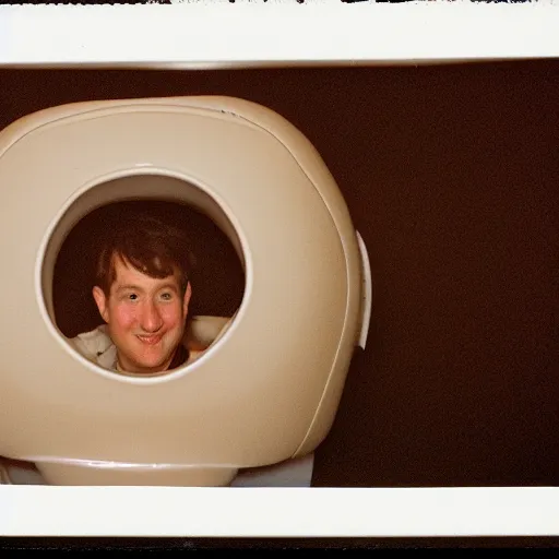 Image similar to a photograph of Mark Zuckerber as a toilet seat, 50mm lens, 35mm film, f4