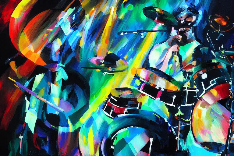 Image similar to Painting of data moshing of a portrait of a drummer, trending on behance