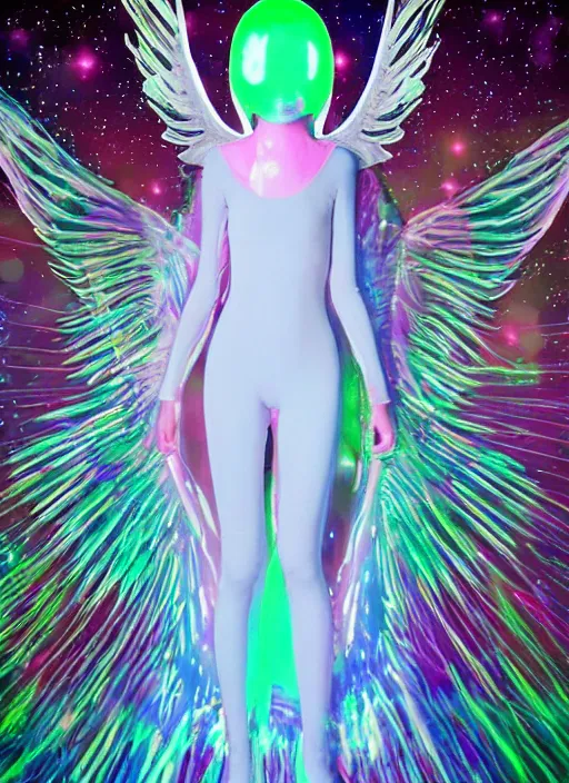 Prompt: a glowing skinny onesie suited angel spirit being, covered with pastel glitter glue slime, fashion model pose, full body maximalist cosmic eldritch character design, early computer graphics