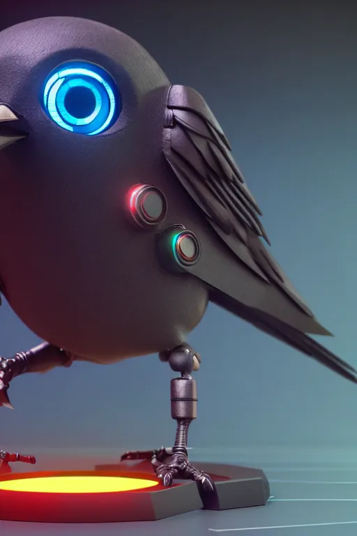 Image similar to high quality 3 d render very cute cyborg crow! sings into microphone!, cyberpunk highly detailed, unreal engine cinematic smooth, in the style of blade runner & detective pikachu, hannah yata charlie immer, moody light, low angle, uhd 8 k, sharp focus