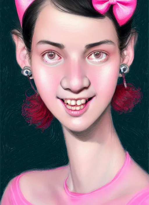 Image similar to portrait of high school girl, realistic, black hair, bangs, half updo hairstyle, pointy nose, skinny, smile, ugly, defined jawline, big chin, pink hair bow, earrings, intricate, elegant, glowing lights, highly detailed, digital painting, artstation, sharp focus, illustration, art by wlop, mars ravelo and greg rutkowski