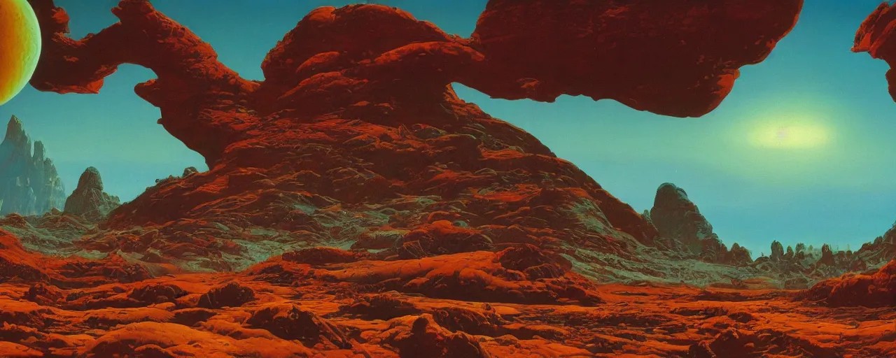 Image similar to outer planet landscape by roger dean, [ cinematic, epic, opening shot, establishing, mattepainting, 4 k ]