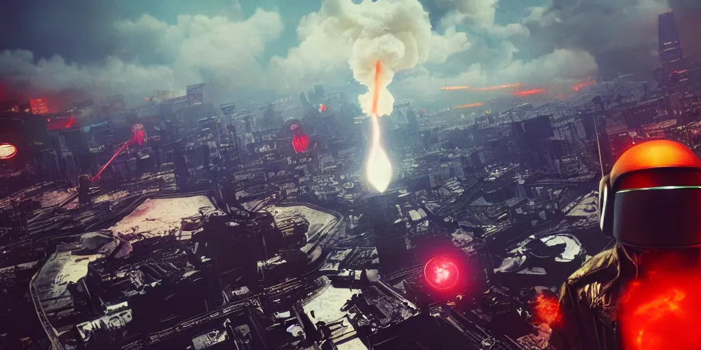 Prompt: a single mushroom cloud formed by an h - bomb explosion in the middle of tokyo, war photography, in the combination of daft punk style and akira style, popular on artstation, unreal engine, aerial photo, nvidia graphics,.