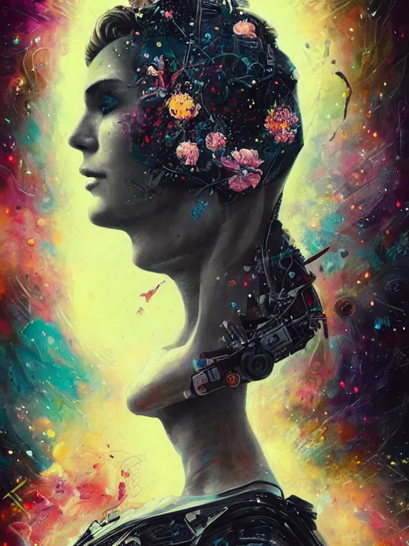Prompt: art portrait of astronaut with flower exploding out of head,8k,by tristan eaton,Stanley Artgermm,Tom Bagshaw,Greg Rutkowski,Carne Griffiths,trending on DeviantArt,face enhance,hyper detailed,minimalist,cybernetic, android, blade runner,full of colour,