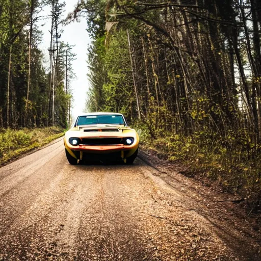 Prompt: muscle car drifting around a corner on a dirt road in the forest