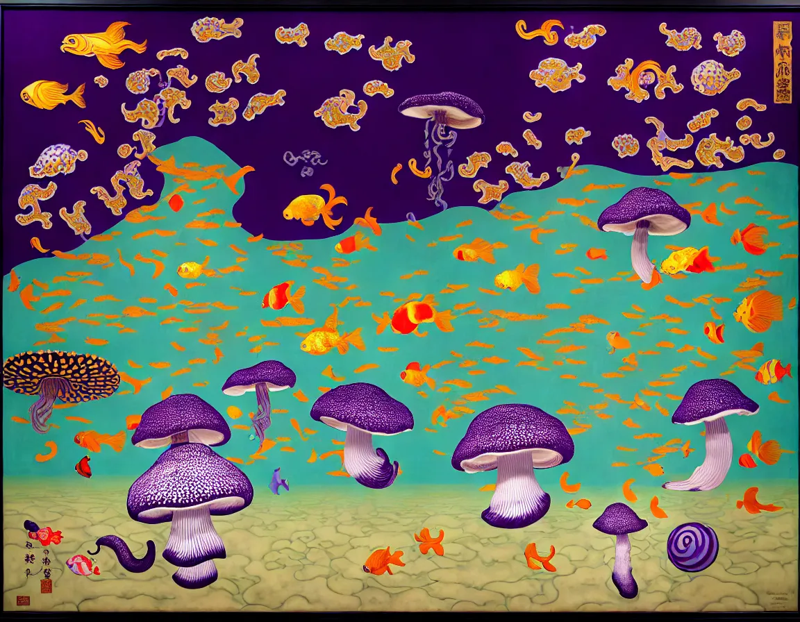 Prompt: vase of mushroom in the sky and under the sea decorated with a dense field of stylized scrolls that have opaque purple outlines, with electrifying eels and koi fishes, ambrosius benson, kerry james marshall, afrofuturism, oil on canvas, hyperrealism, light color, no hard shadow, around the edges there are no objects
