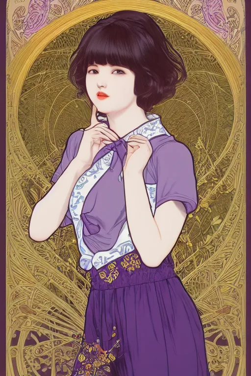 Prompt: Portrait of Eunha from Viviz and gFriend with short hair wearin purple overall shorts, short puffy pants, white tights, Golden Ribbon, and a billowy scarf. masterpiece 4k digital illustration, award winning, Artstation, art nouveau aesthetic, Alphonse Mucha background, intricate details, realistic, panoramic view, Hyperdetailed, 8k resolution, intricate art nouveau