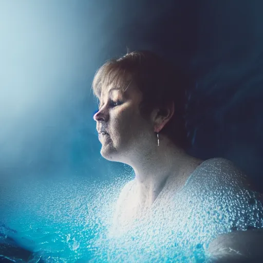 Image similar to photo of a woman emerging an endless pool of gravy in a blue fog. Motion blur.