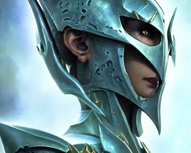 Image similar to extreme close up portrait of a aeldari in wraithbone armor, bottom up lighting, stoic, poised, deep focus, d & d, fantasy, intricate, highly detailed, digital painting, artstation, concept art, matte, sharp focus, illustration, hearthstone, art by artgerm and greg rutkowski and alphonse mucha