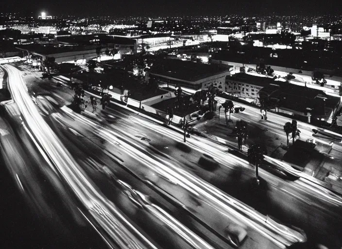 Image similar to a sprawling building complex seen from a dark parking lot in los angeles at night. 1 9 9 0 photo by james cameron. urban photography