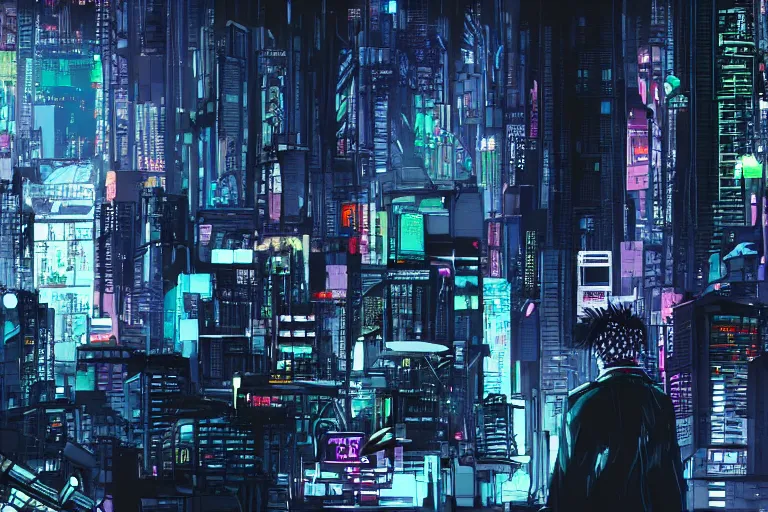 Prompt: cyberpunk cityscape like in ghost in the shell cartoon style