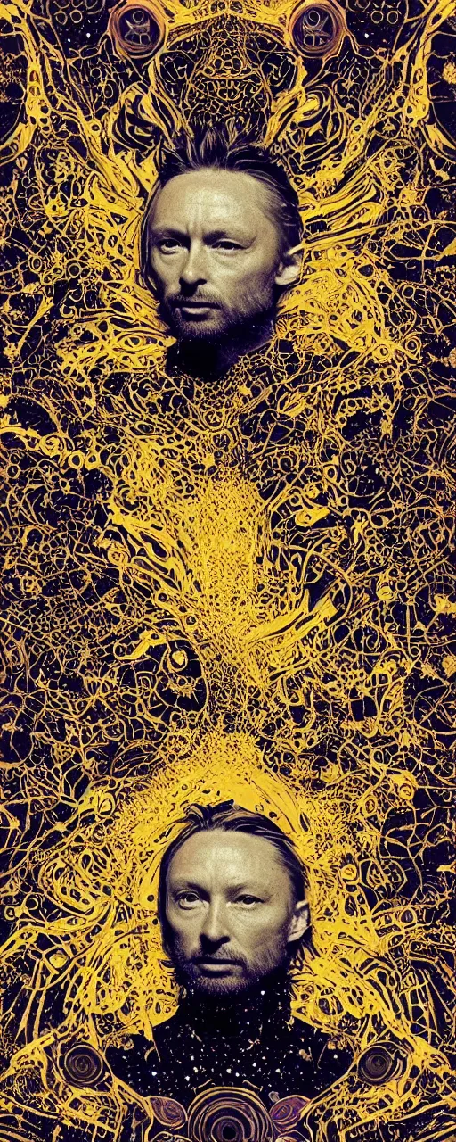 Image similar to disco diffusion portrait of Thom Yorke, on the moon:: cosmic tarot card, intricate fractal details, golden lines, broken reality, fanciful floral mandelbulb, black paper, style of wes anderson