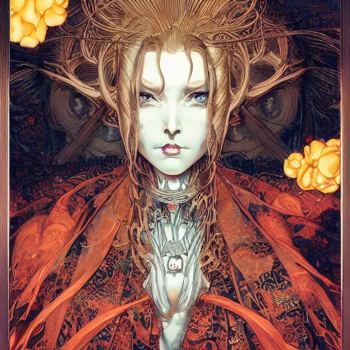 Image similar to portrait of crazy mary virgin, symmetrical, by yoichi hatakenaka, masamune shirow, josan gonzales and dan mumford, ayami kojima, takato yamamoto, barclay shaw, karol bak, yukito kishiro