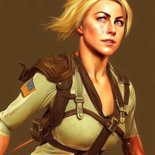 Prompt: julianne hough as a wounded warrior maiden by wlop and glen rutkowski, mate painting, concept art, artstation