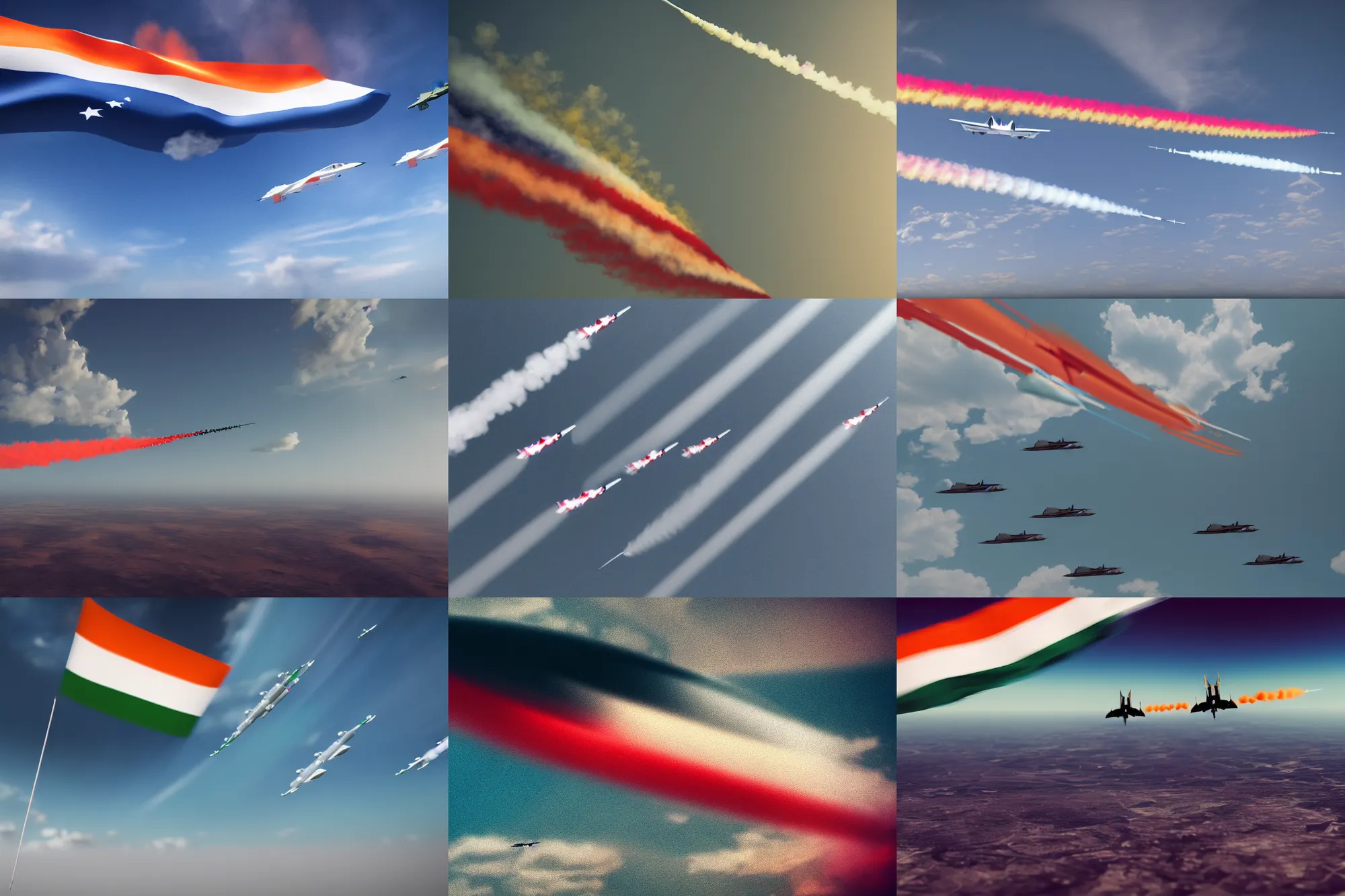 Prompt: fighter jets in sky with indian flag smoke trail, 4 k, octane render, cinematic