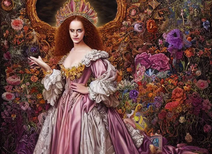 Image similar to beautiful oil painting, full length portrait of Emma Watson as Louis xiv in coronation robes 1701, Dan Mumford, Dan Mumford, Alex grey, Alex grey, highly detailed , lsd visuals, dmt fractal patterns, hallucinogen, visionary art, psychedelic art, ornate, vaporwave, baroque