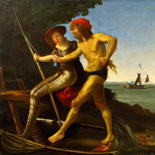 Image similar to a fisherman harpoons a mermaid, dutch golden age oil painting masterpiece