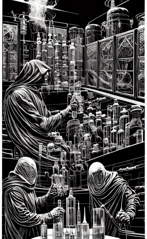 Image similar to ancient cloaked wizards mixing potions in his laboratory, high details, intricately detailed, by vincent di fate, inking, 3 color screen print, masterpiece, trending on artstation,, sharp, details, hyper - detailed, hd, 4 k, 8 k