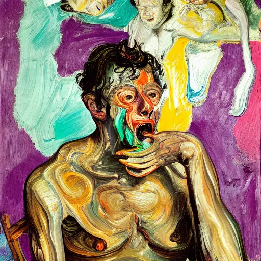 Image similar to high quality high detail expressionist painting of a man in agony by lucian freud and jenny saville and francis bacon and francisco goya and edvard munch, hd, anxiety, seated at table crying and screaming, turquoise and purple and orange and pink