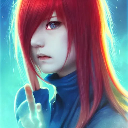 Image similar to rimuru tempest from tensura holding fire in his palm, with amber eyes of golden colored eyes, straight hair, sky blue hair, long bangs, high collar, concept art, award winning photography, digital painting, cinematic, wlop, 8 k, by ross tran, tom bagshaw, andy warhol