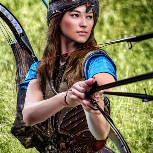 Image similar to photo realistic, consistent and highly detailed face, a attractive woman in archery, hunting - bow, uhd 8 k, highly detailed