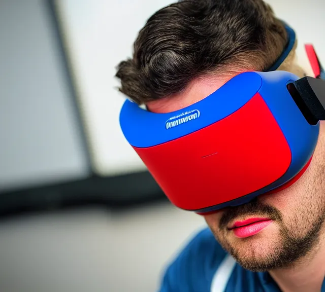 Image similar to a 4 k photorealistic photo product photo of a nintendo red and blue vr headset.